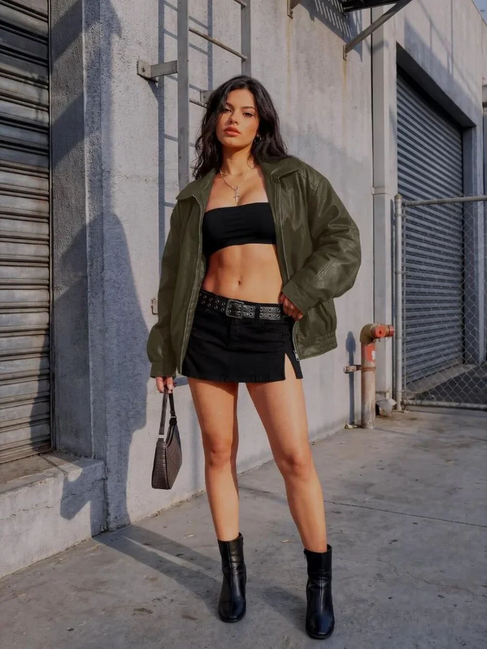 Women Army Green Oversized Faux Leather Loose Weight Fal Winter Outerwear Jacket